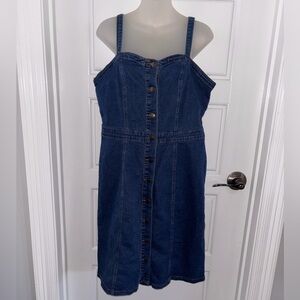 Denim Button Down Overall Sweetheart Neck Midi Dress Sz L NEW
